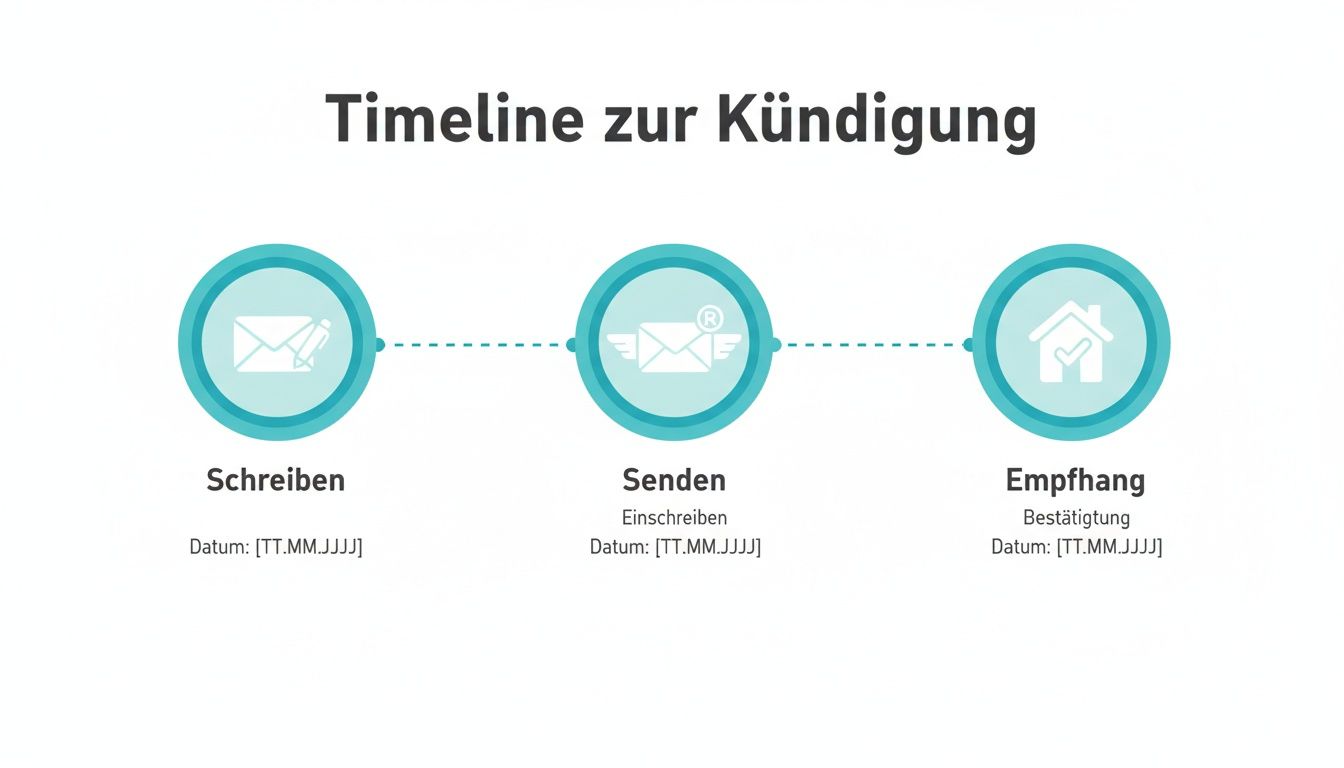 Timeline zur Kündigung mit den Schritten Schreiben, Senden (Einschreiben) und Empfang (Bestätigung) mit Platzhalter für Datum.