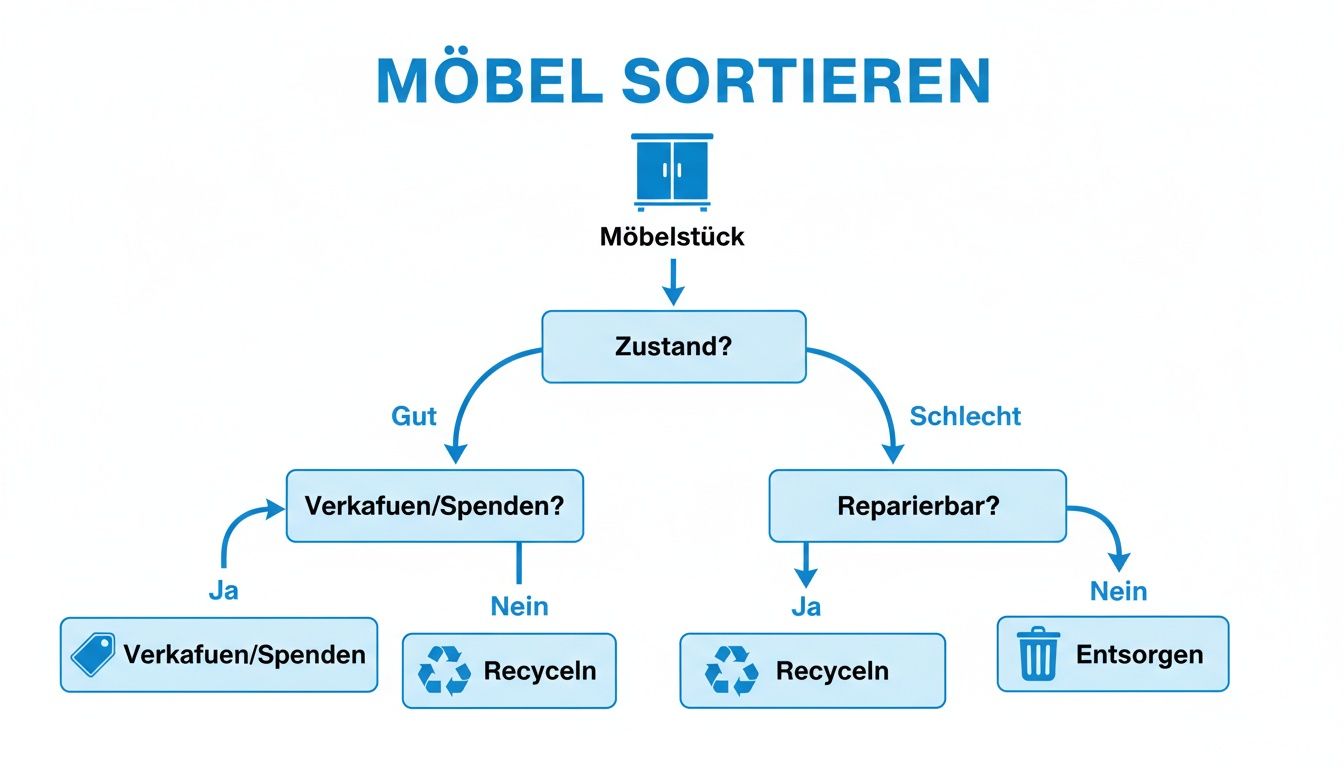Flussdiagramm zur Sortierung von Möbelstücken, das entscheidet, ob man sie verkaufen, spenden, recyceln oder entsorgen soll.