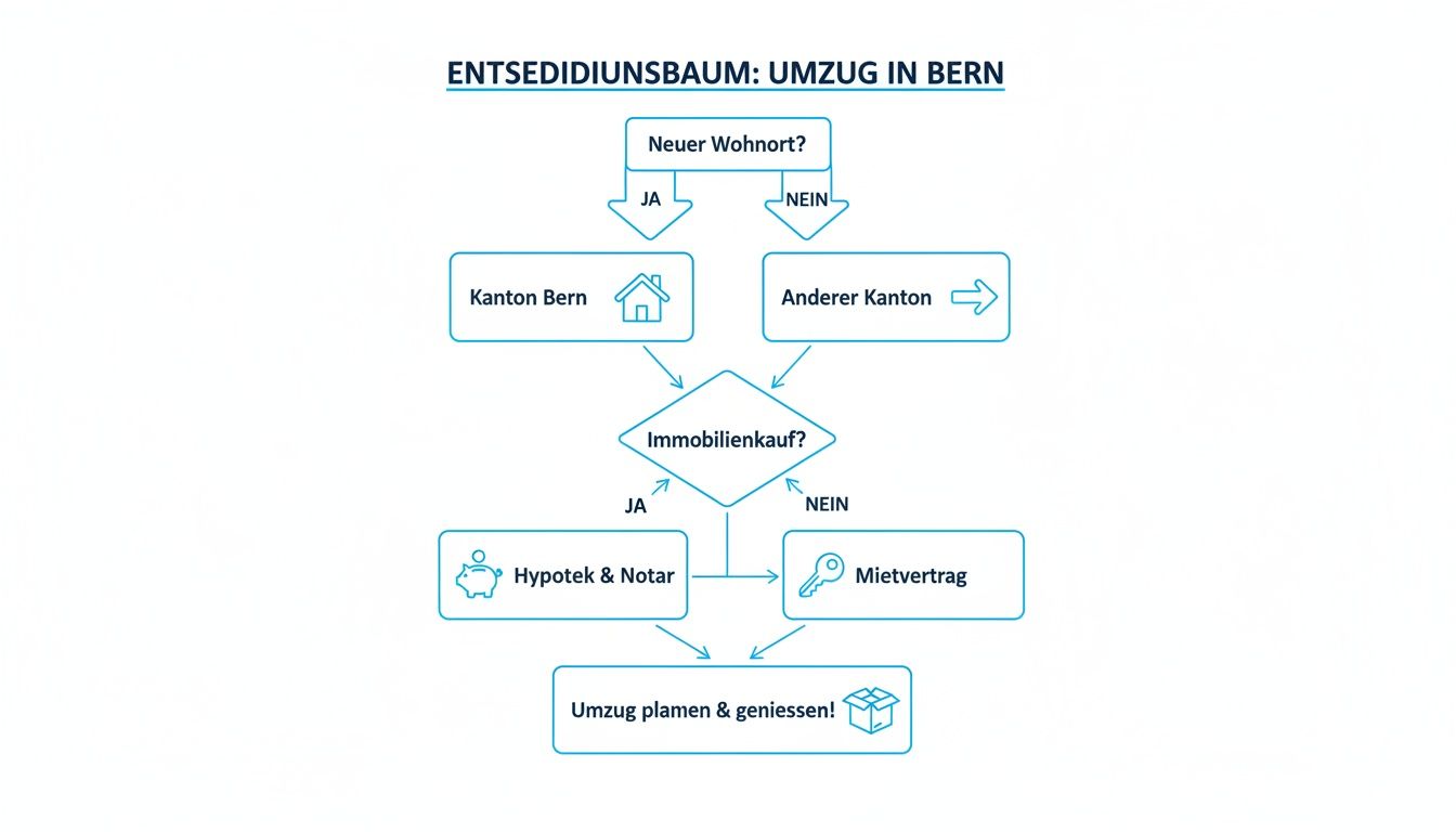 Flussdiagramm zum Umzug in Bern, das Entscheidungen bezüglich Wohnortwechsel, Immobilienkauf und Vertragstypen darstellt.