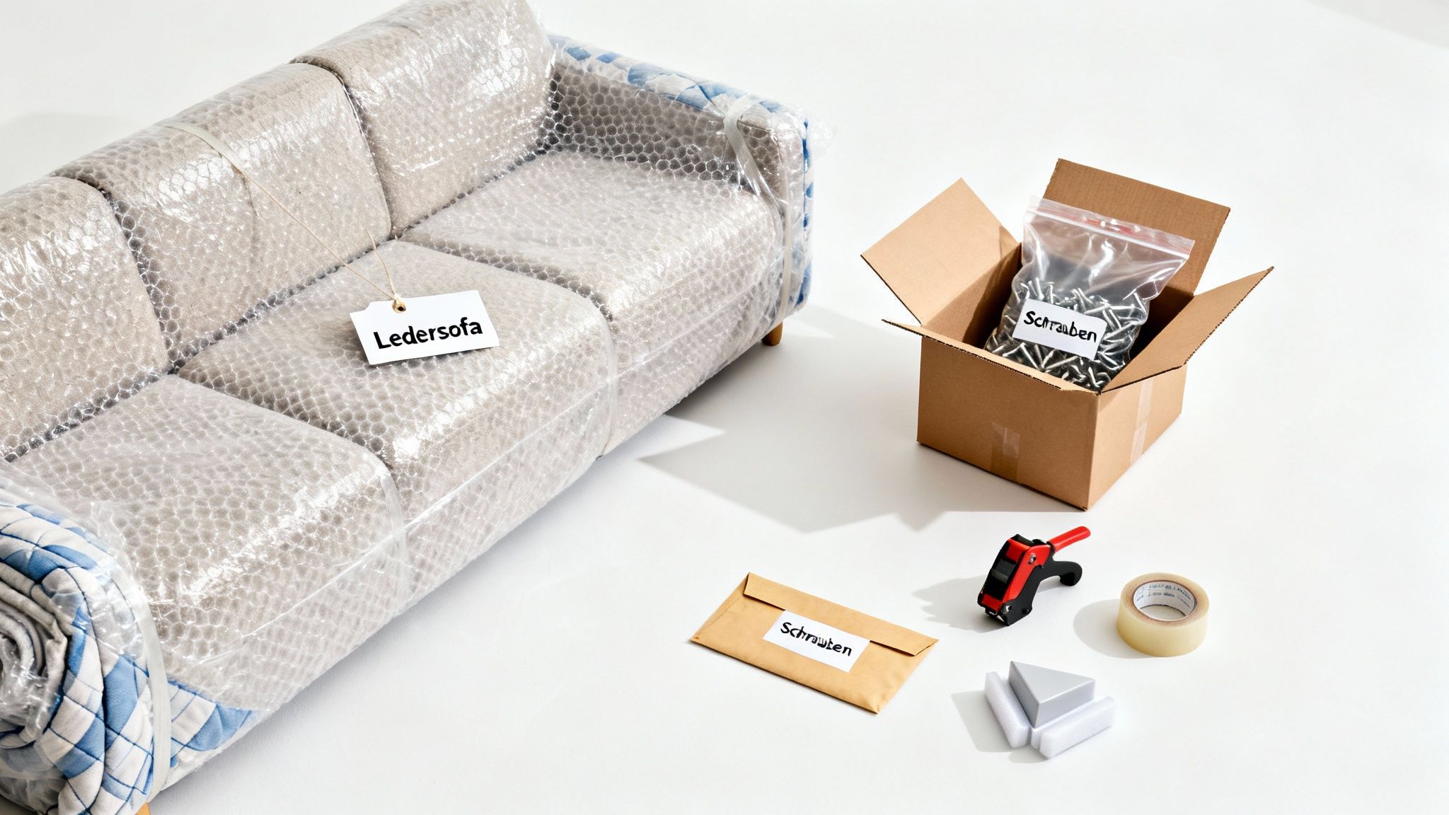 Umzugsvorbereitung: Ledersofa in Luftpolsterfolie, Karton mit Schrauben und Umzugsmaterial auf weißem Hintergrund.