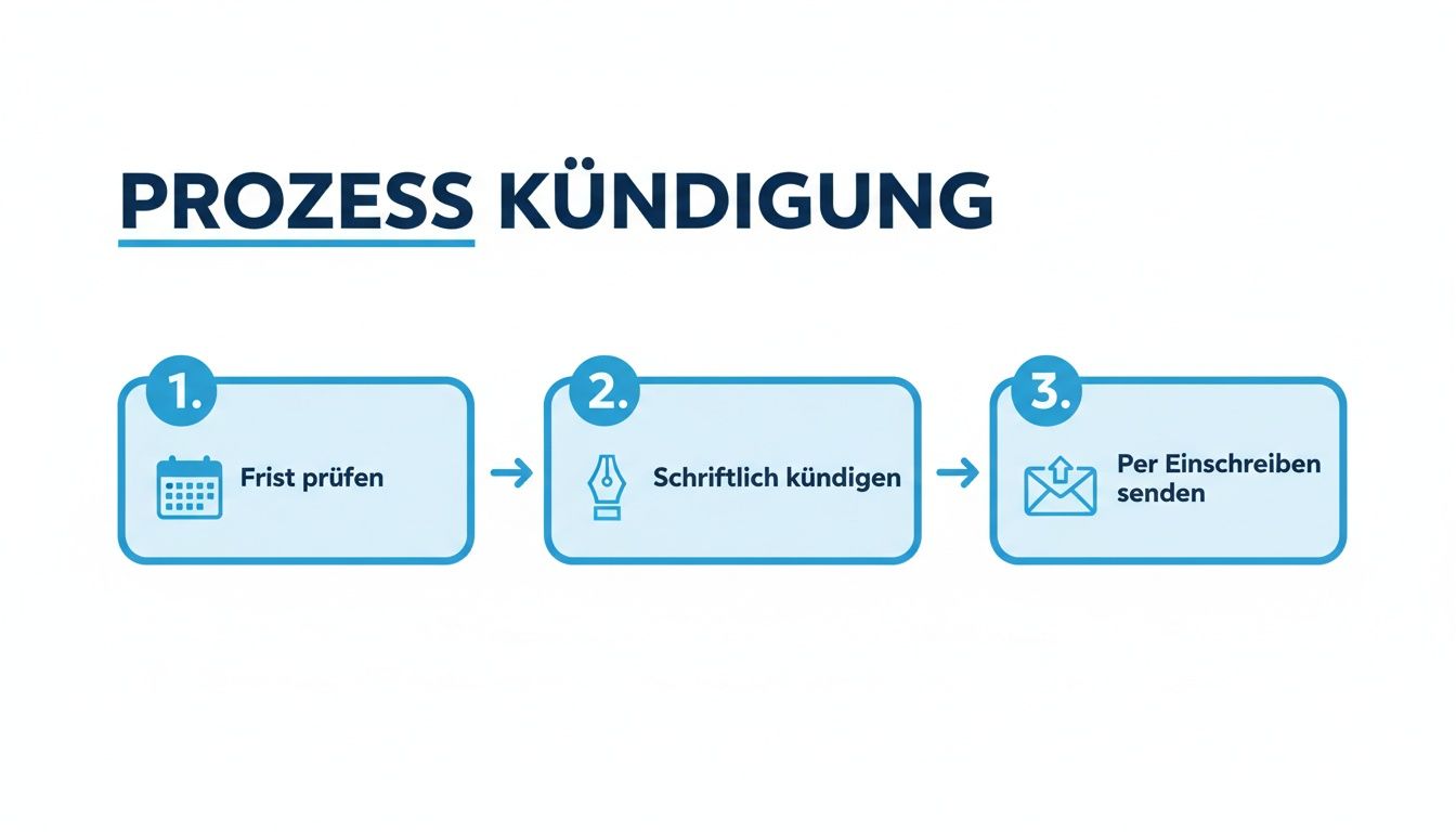 Ein Diagramm zeigt den dreistufigen Prozess der Kündigung: Frist prüfen, schriftlich kündigen und per Einschreiben senden.
