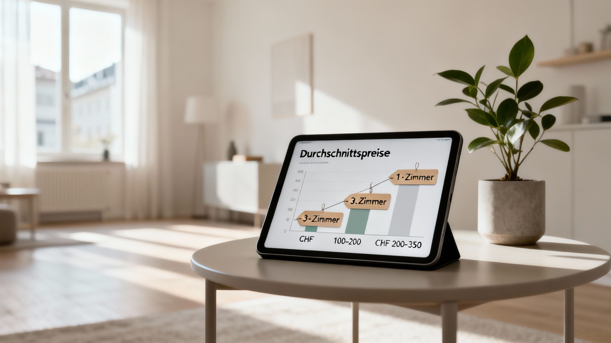 Tablet auf Couchtisch zeigt Diagramm mit Durchschnittspreisen für 1- und 3-Zimmer-Wohnungen in CHF in einem hellen Wohnzimmer.