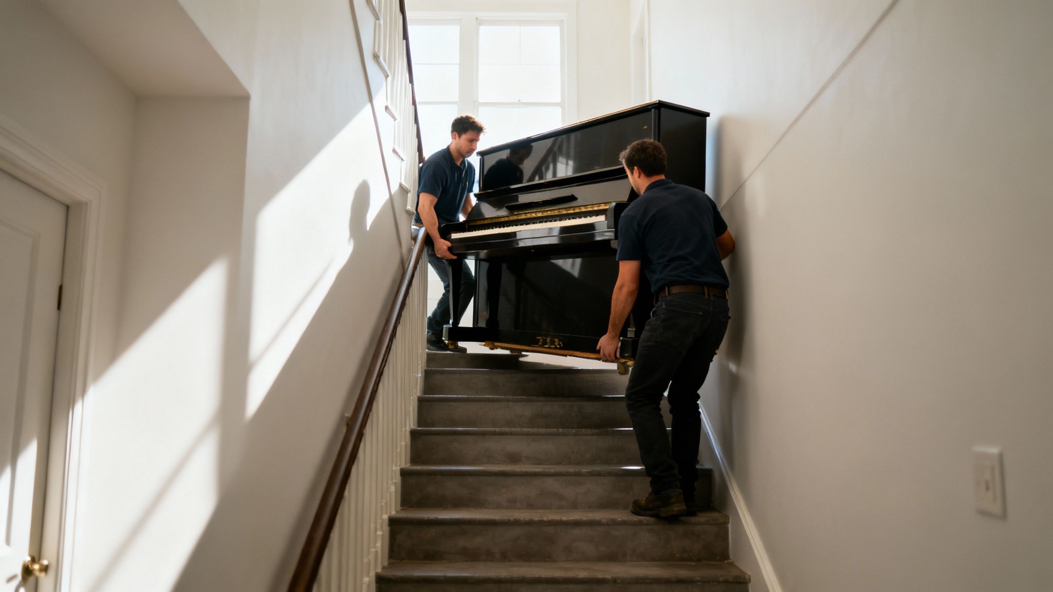 Zwei Männer tragen ein schwarzes Klavier vorsichtig eine Treppe hoch in einem hellen Treppenhaus.