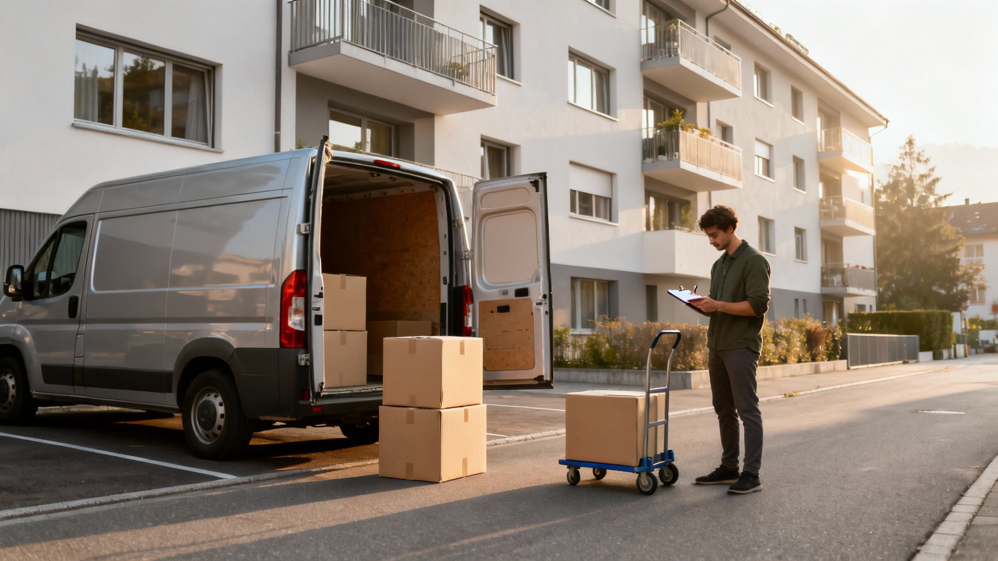 Zusteller überprüft Pakete neben einem Lieferwagen vor einem Wohnhaus in der Schweiz.
