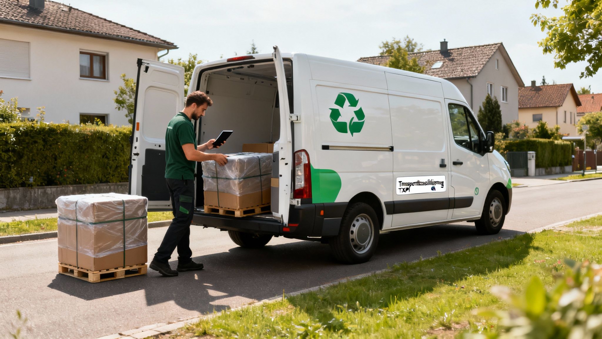 Lieferant lädt verpackte Möbel auf einen Transporter mit Recycling-Logo, während ein weiterer Stapel Kartons daneben steht.
