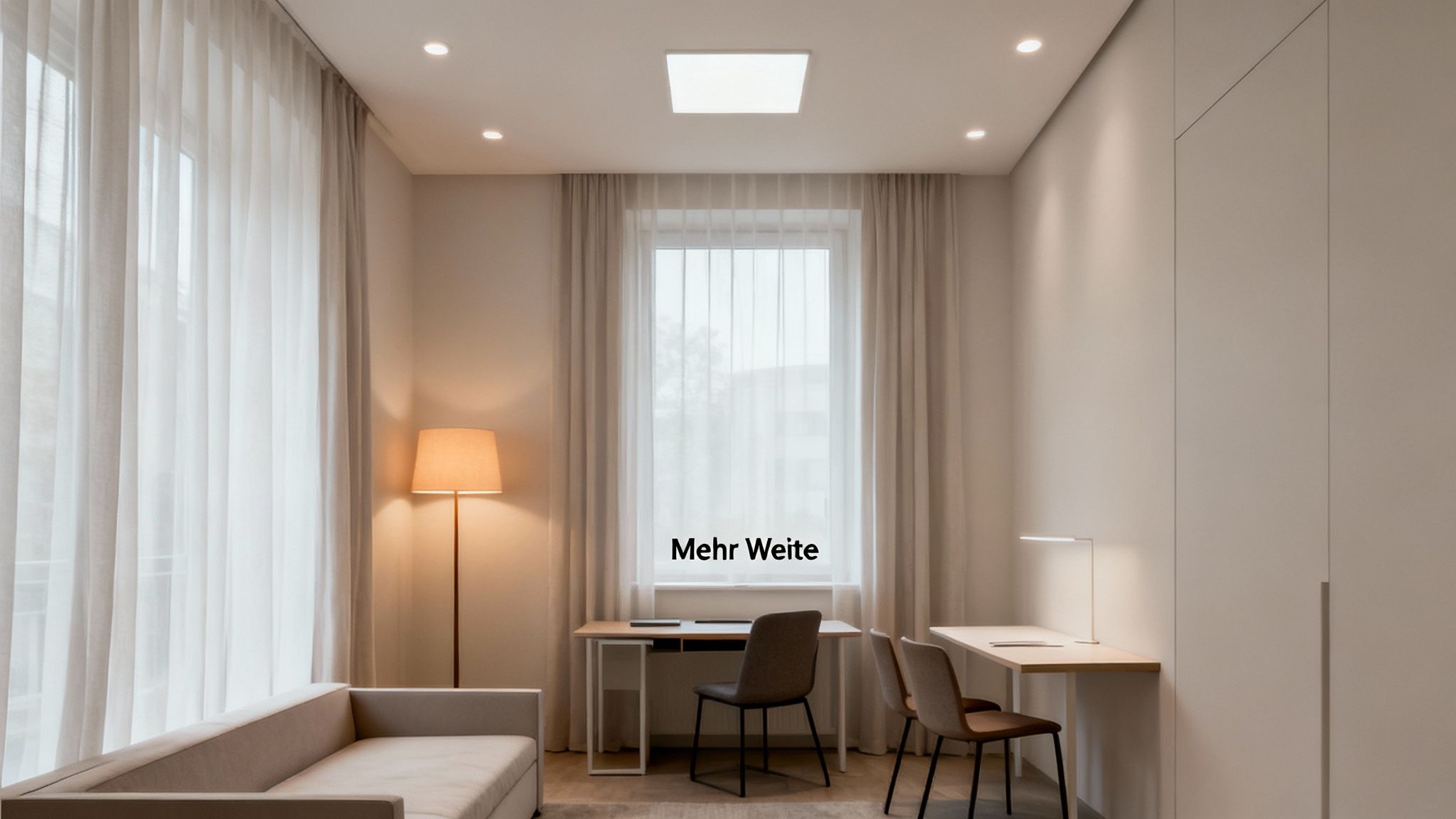 Helles, modernes Zimmer mit Schreibtisch, Stuhl, Sofa und großem Fenster, ideal für kleine Wohnzimmer.