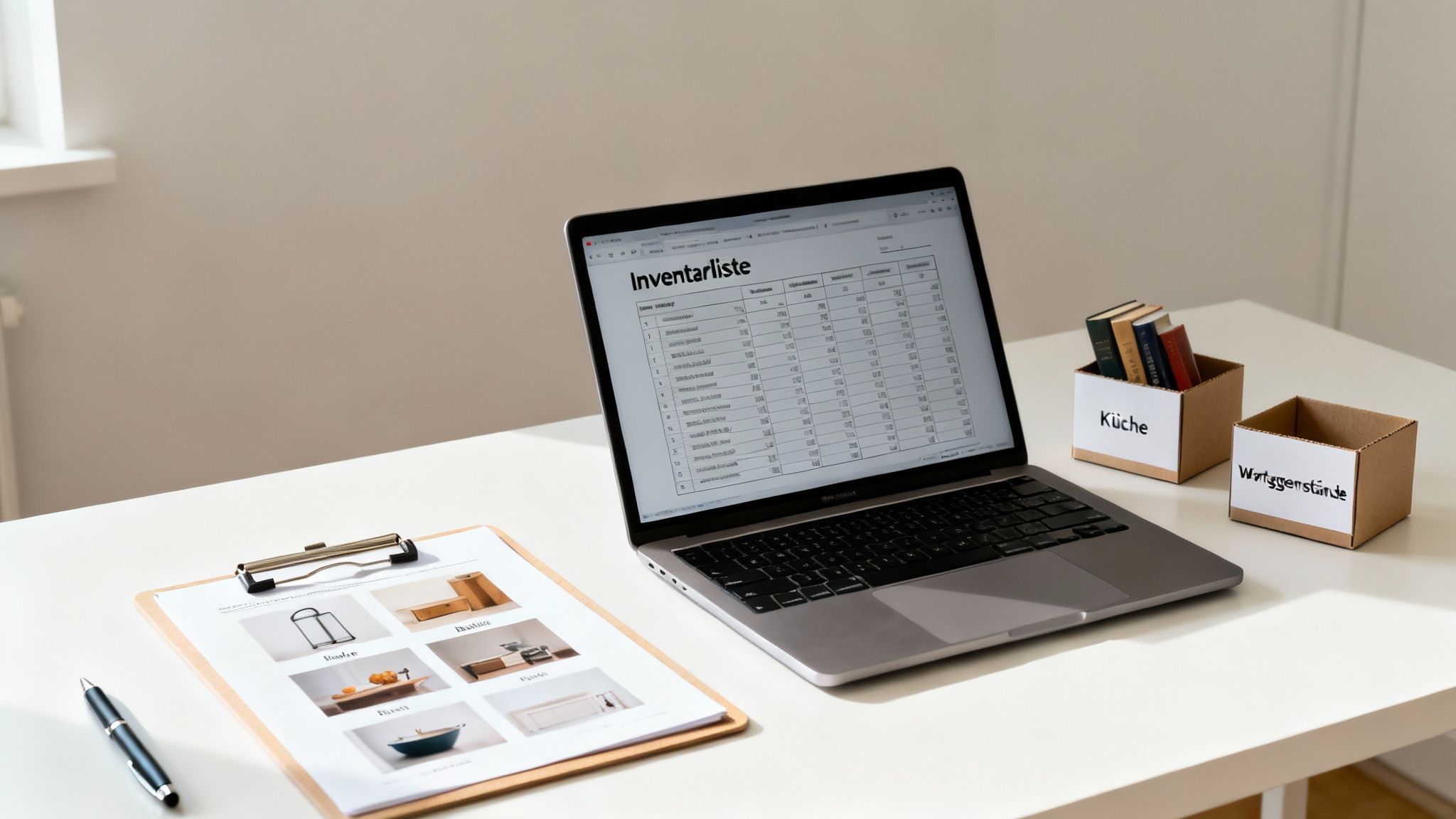 Inventarliste auf Laptop, Klemmbrett mit Bildern, Stift und Umzugskartons für Küche und Wertgegenstände auf Schreibtisch.