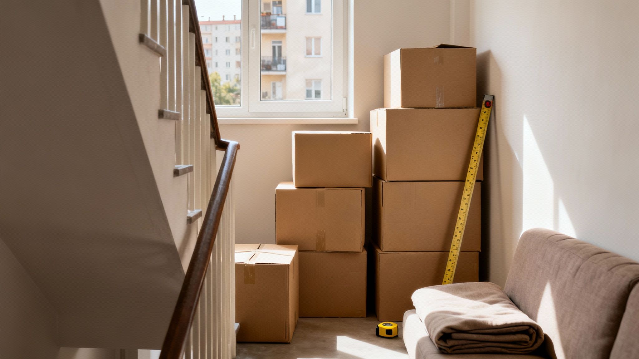 Helle Diele mit gestapelten Umzugskartons, einer Couch und einem Maßband, bereit für den Umzug.