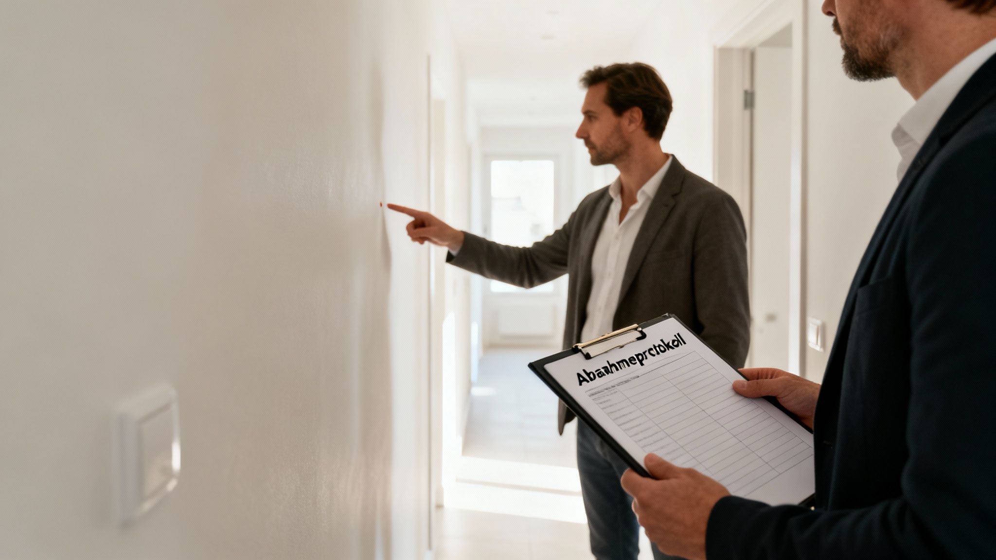 Zwei Männer inspizieren eine leere Wohnung, einer zeigt auf eine Wand, der andere hält ein Abnahmeprotokoll.