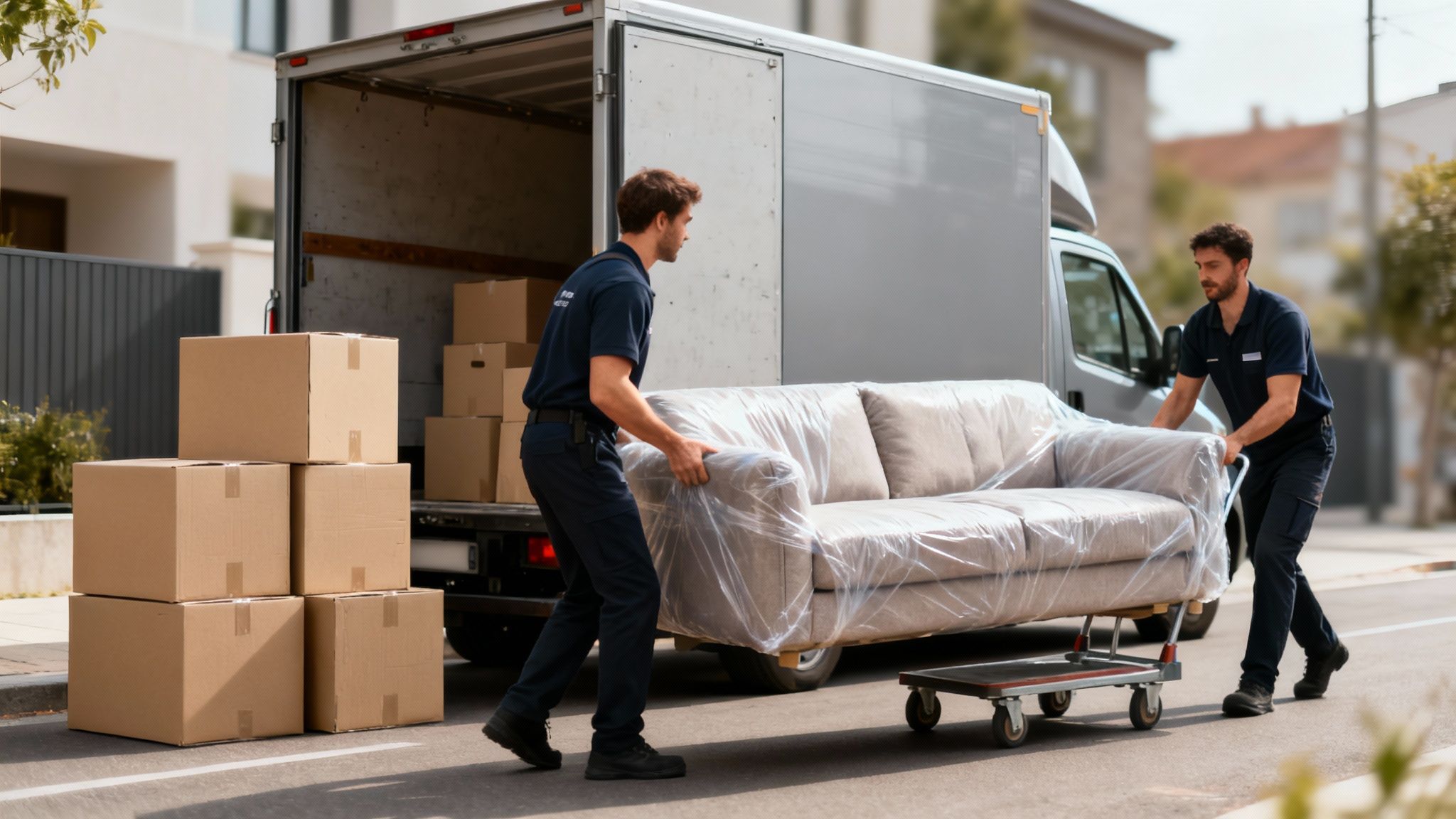 Zwei Umzugshelfer in blauen Uniformen bewegen ein verpacktes Sofa auf einer Sackkarre vor einem Umzugswagen mit Kartons.