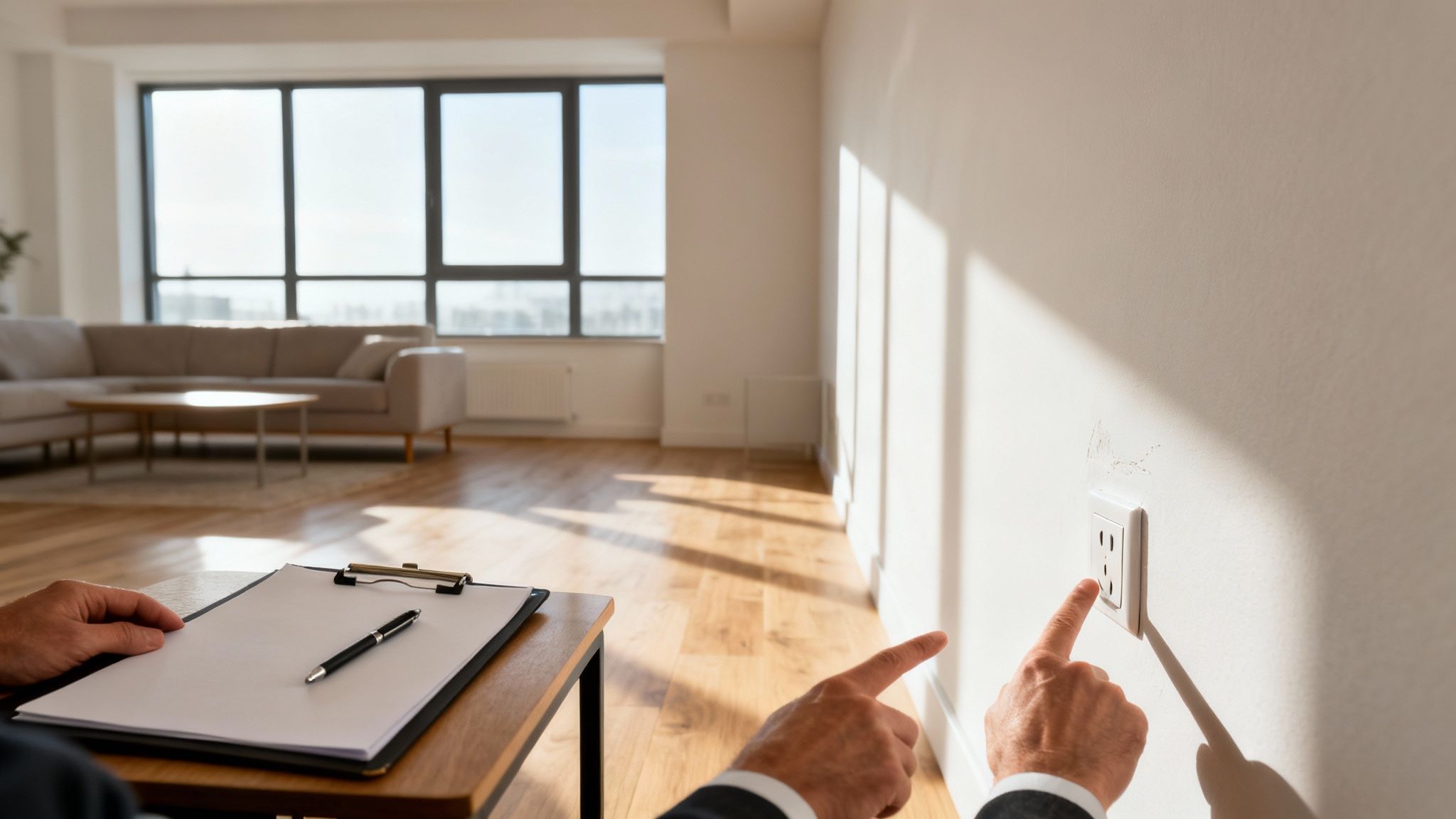 Eine Person inspiziert eine Wohnung und zeigt auf eine beschädigte Steckdose an der Wand.