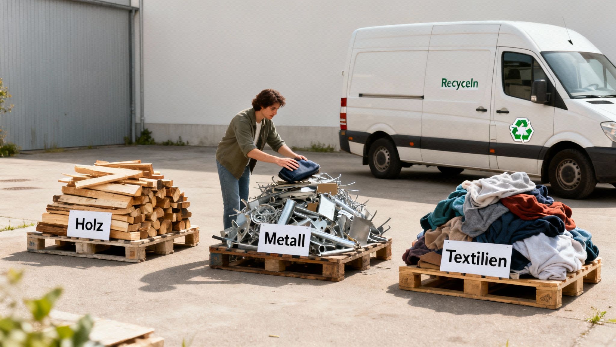 Eine Person sortiert Wertstoffe wie Holz, Metall und Textilien in separate Haufen neben einem Recycling-Transporter.