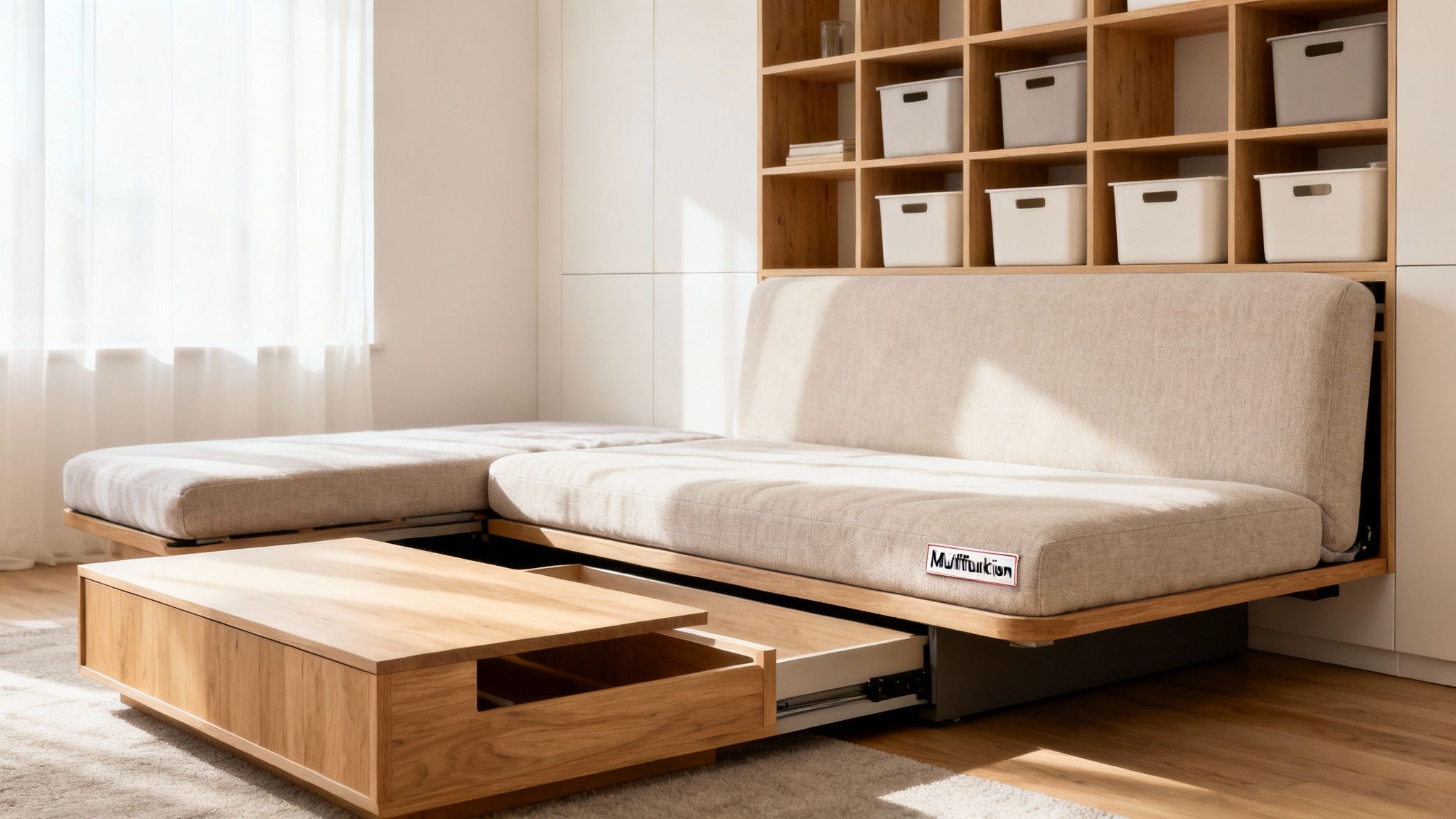 Modernes Wohnzimmer mit beigem L-Sofa, Holztisch und Regalsystem mit Staufächern, Multifunktionsmöbel für kleine Räume.