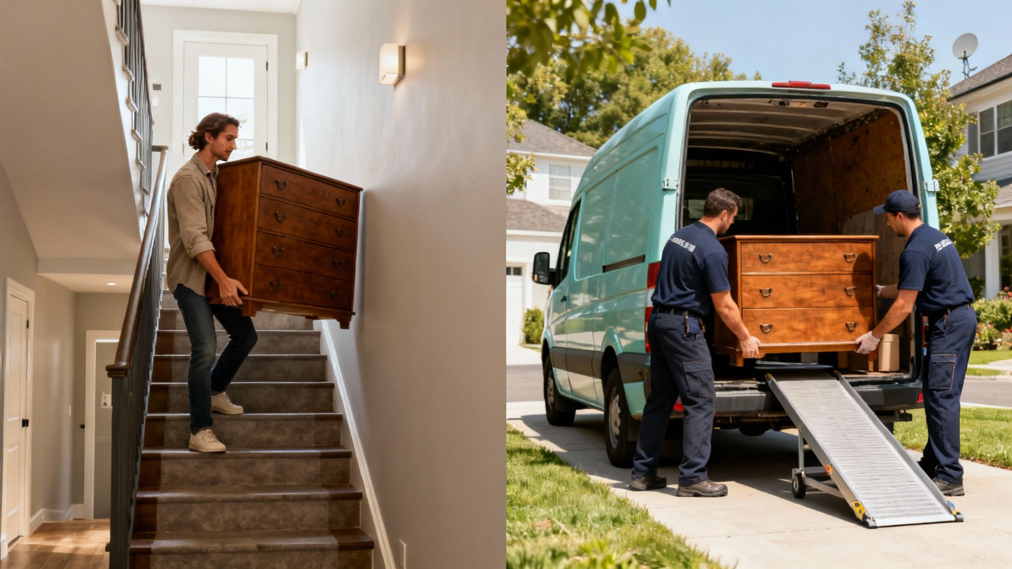 Ein Mann trägt eine Kommode eine Treppe hinunter, während Umzugshelfer eine identische Kommode in einen Transporter laden.