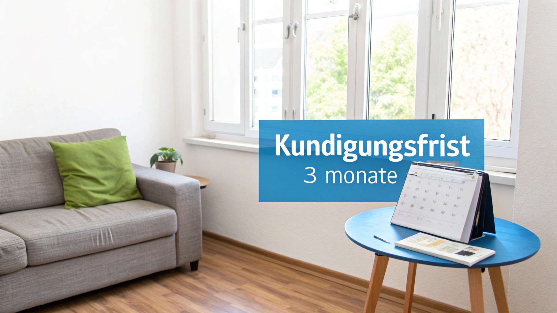 Ein helles Wohnzimmer mit grauem Sofa, grünem Kissen, Fenster und einem blauen Banner 'Kündigungsfrist 3 Monate'.