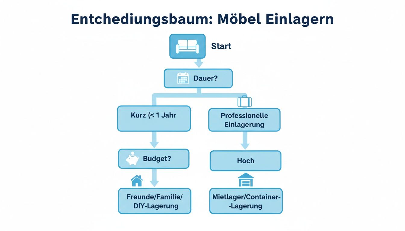 Ein Entscheidungsbaum zur Möbellagerung zeigt Optionen für kurz- oder langfristige Einlagerung basierend auf Dauer und Budget.