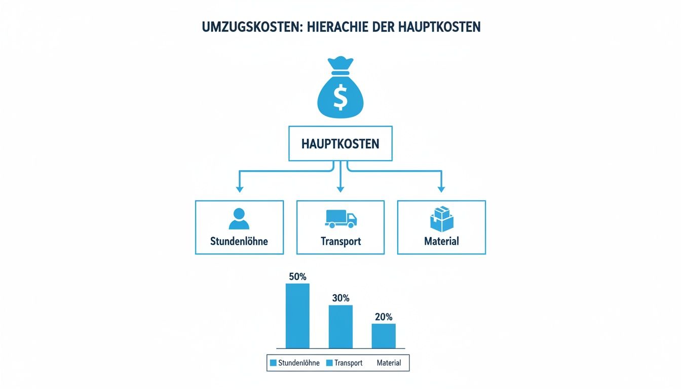 Grafik zeigt die Hierarchie und Aufschlüsselung der Umzugskosten: 50% Stundenlöhne, 30% Transport, 20% Material.