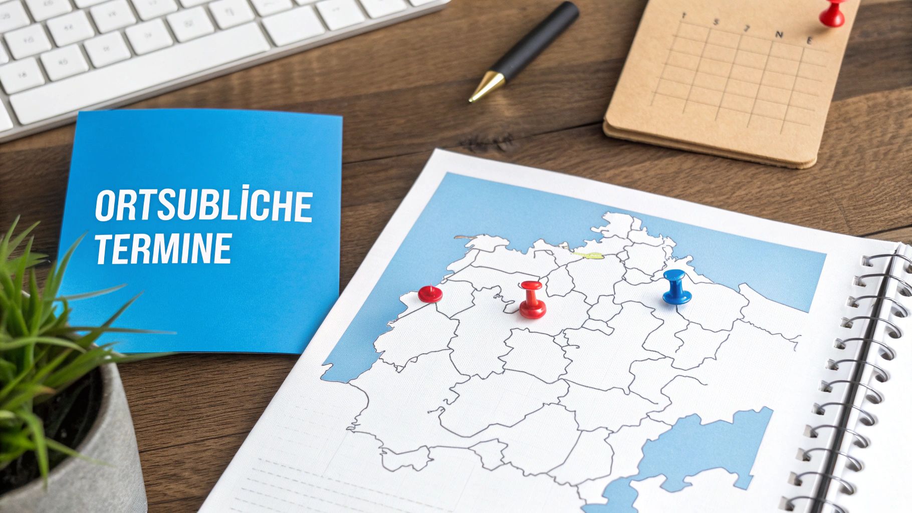 Schreibtisch mit blauem Notizbuch 'ORTSÜBLICHE TERMINE', Karte mit Stecknadeln, Kalender und Tastatur.