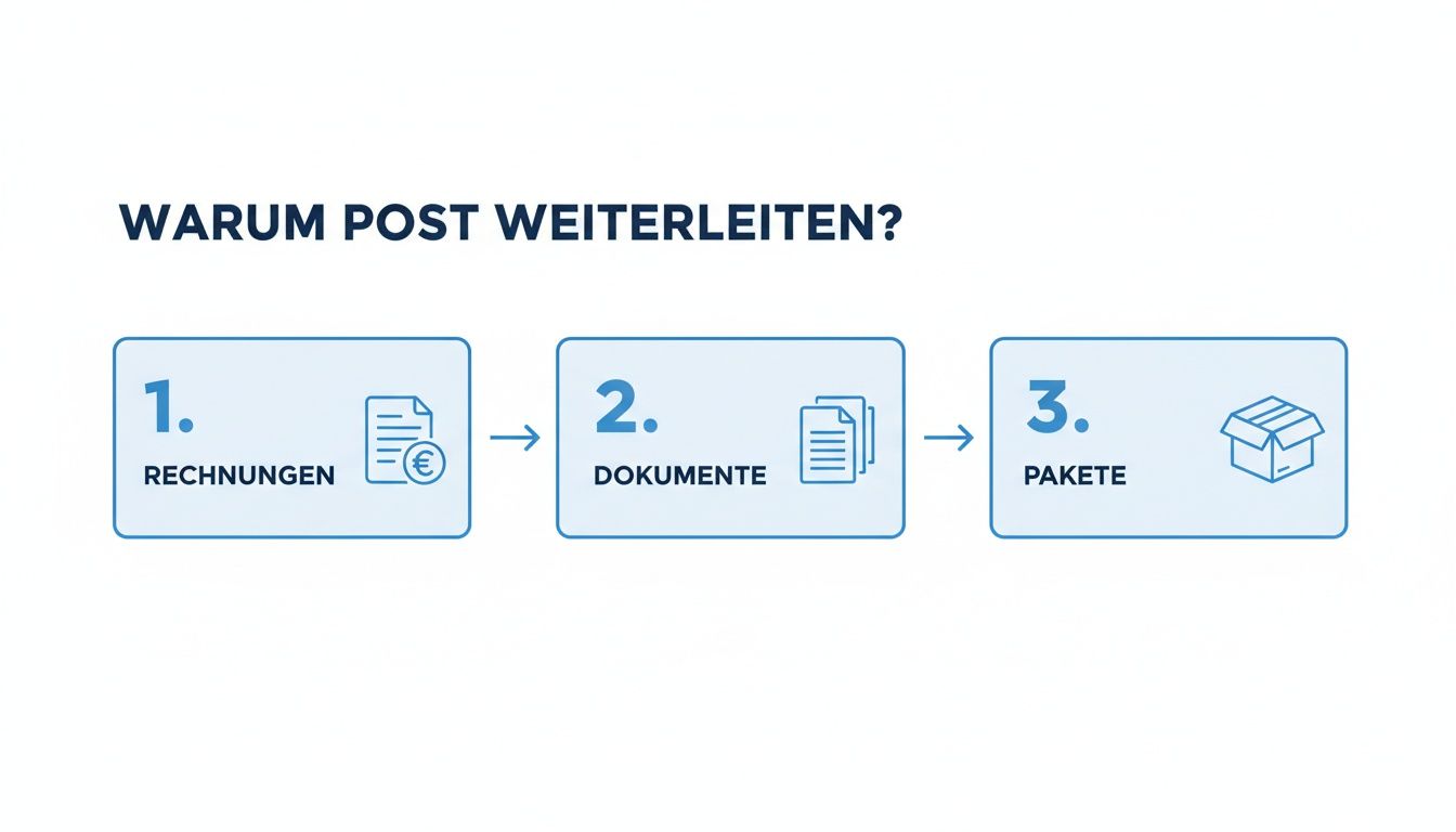 Infografik zeigt, warum Post weitergeleitet werden sollte: für Rechnungen, Dokumente und Pakete in drei einfachen Schritten.