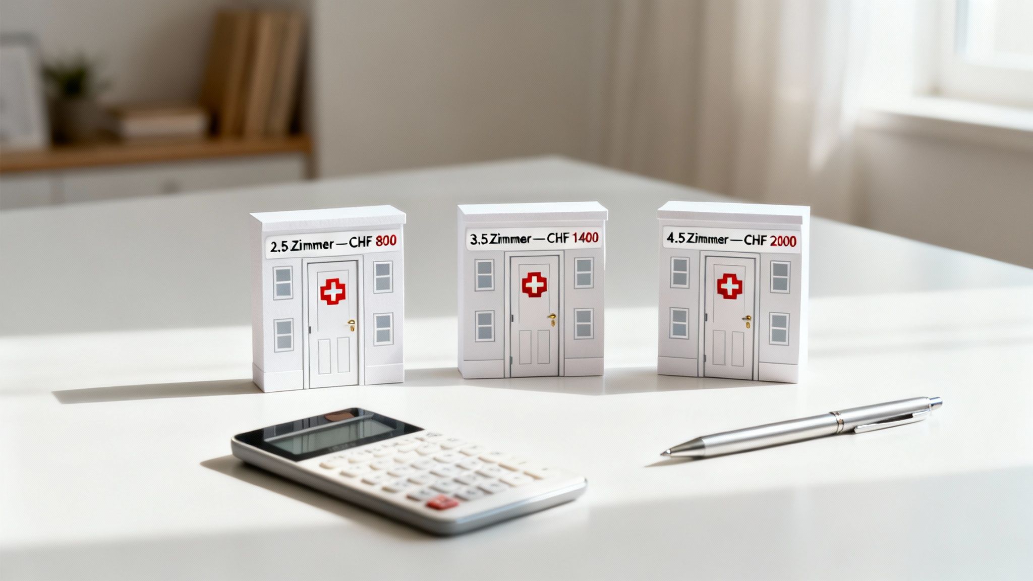 Drei Modellhäuser mit Zimmergrößen und Preisen (CHF) auf einem Tisch neben einem Taschenrechner und Stift.