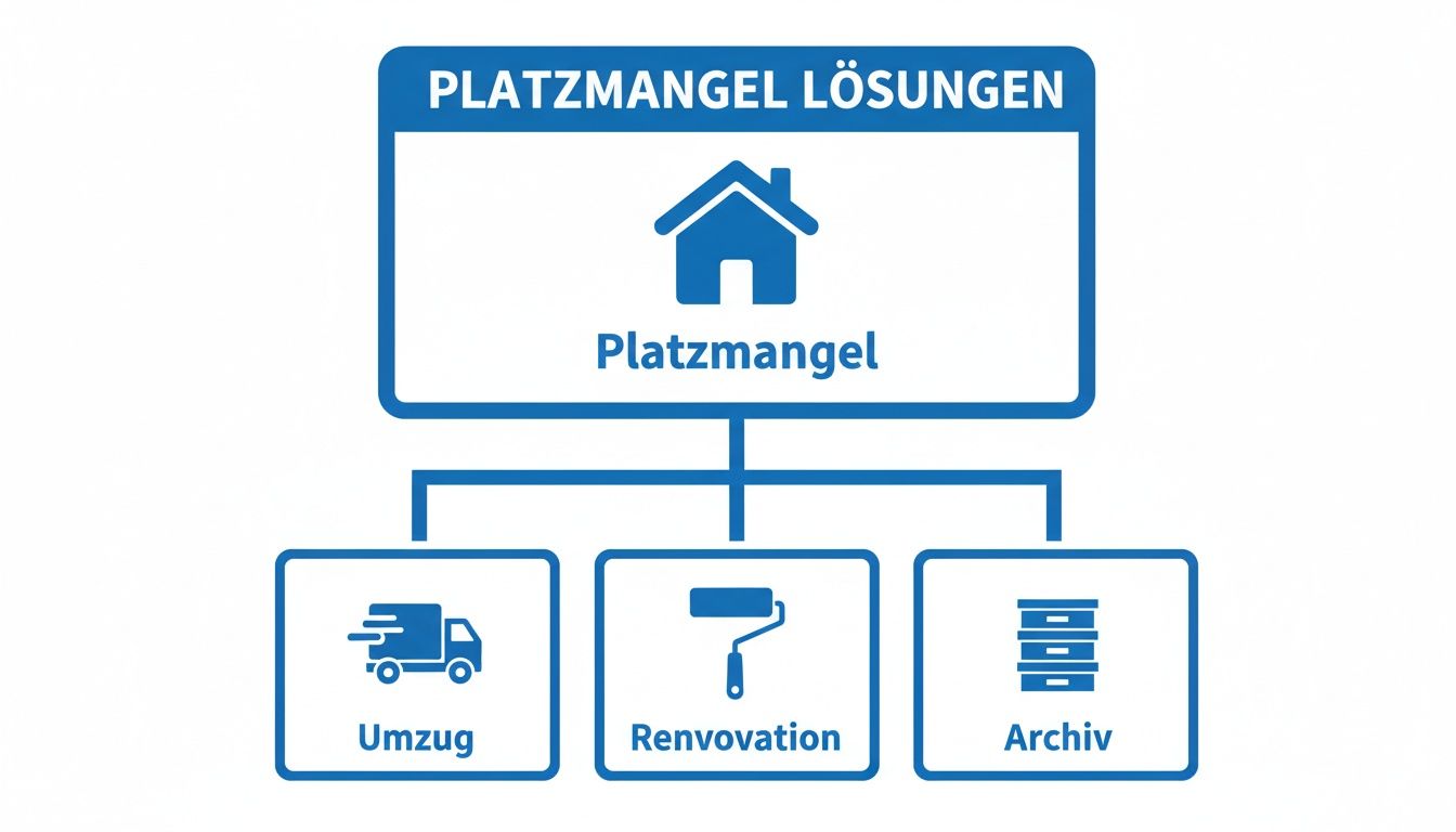 Ein blaues Diagramm zeigt Lösungen für Platzmangel mit einem Haus-Symbol und Optionen wie Umzug, Renovierung und Archivierung.