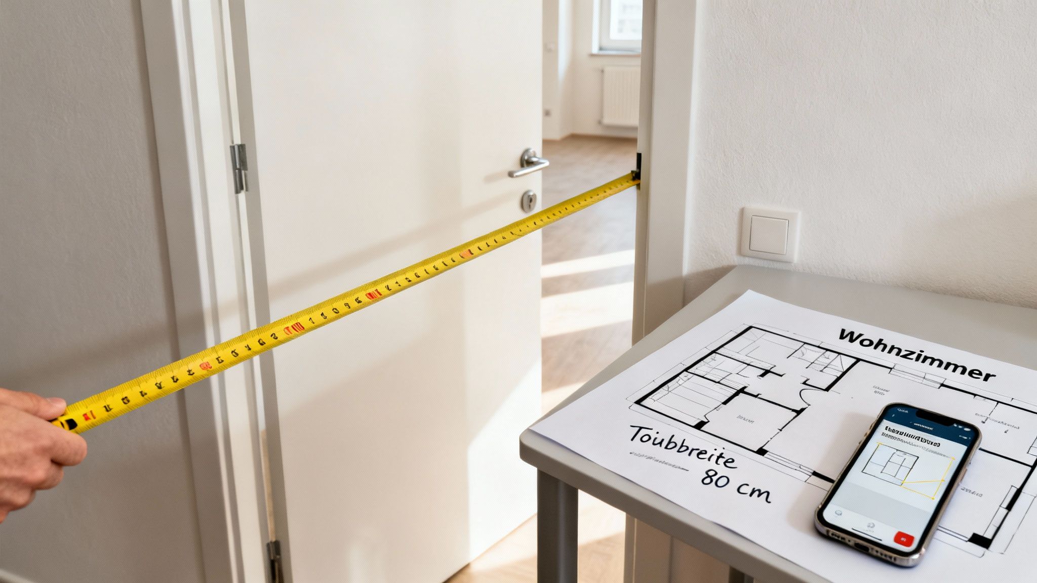 Eine Person misst die Breite einer Tür mit einem Massband, daneben ein Grundriss und ein Smartphone.