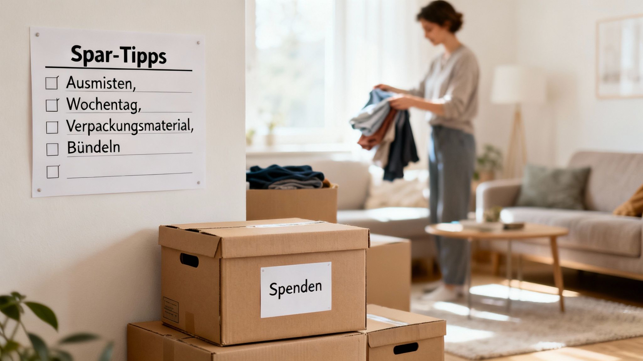 Eine Frau packt Kleidung in Umzugskartons, mit einer Spar-Tipps-Liste an der Wand, die beim Umzug hilft.