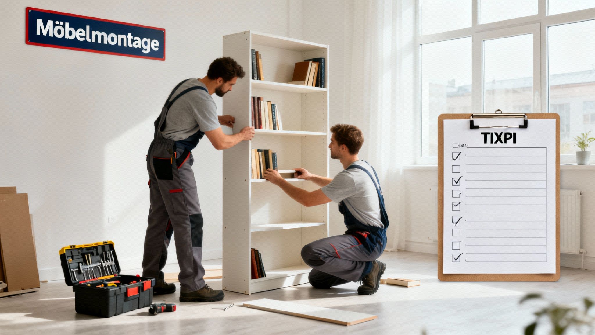 Zwei Männer montieren ein weißes Bücherregal und ordnen Bücher an. Eine professionelle Möbelmontage-Dienstleistung.