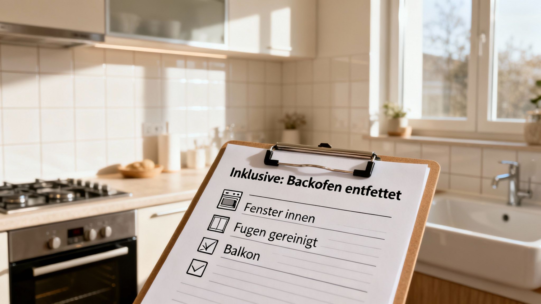 Checkliste für die Endreinigung einer Wohnung in einer modernen Küche mit Backofen, Fenster und Balkon-Punkten.