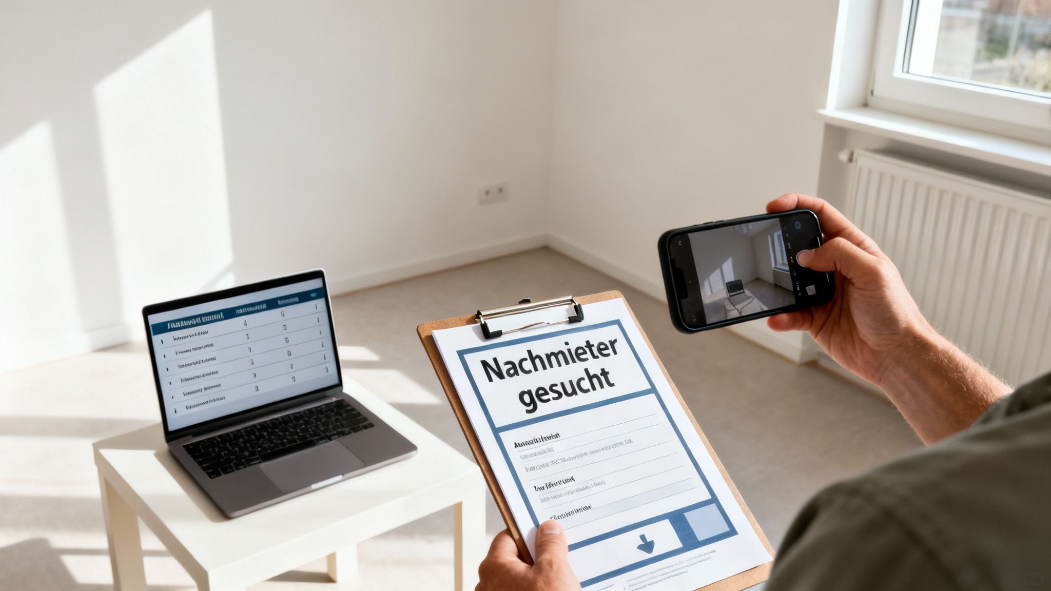 Person fotografiert leeres Zimmer für die Suche nach einem Nachmieter, mit Klemmbrett und Laptop.