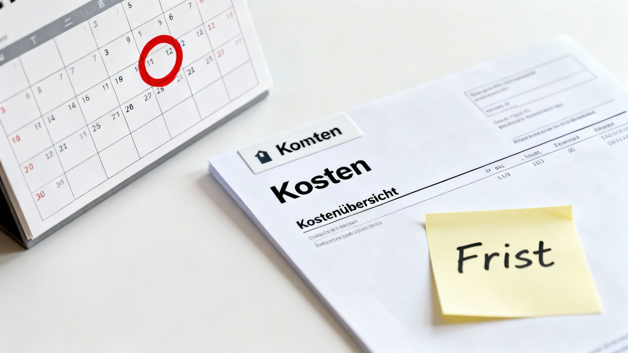 Kalender mit rotem Kreis um den 12. Tag, Dokument zur Kostenübersicht und Notiz 'Frist'.