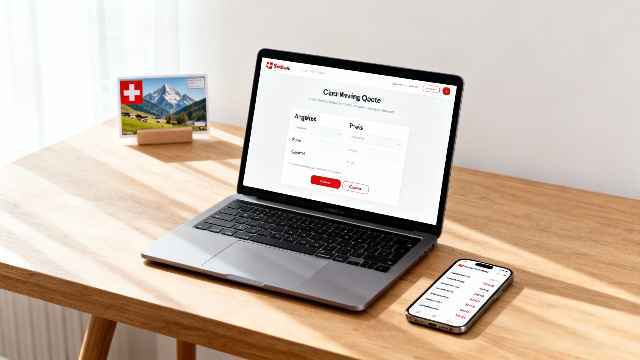 Ein Laptop auf einem Holztisch zeigt ein Umzugsangebot, daneben ein Smartphone und eine Schweizer Postkarte.
