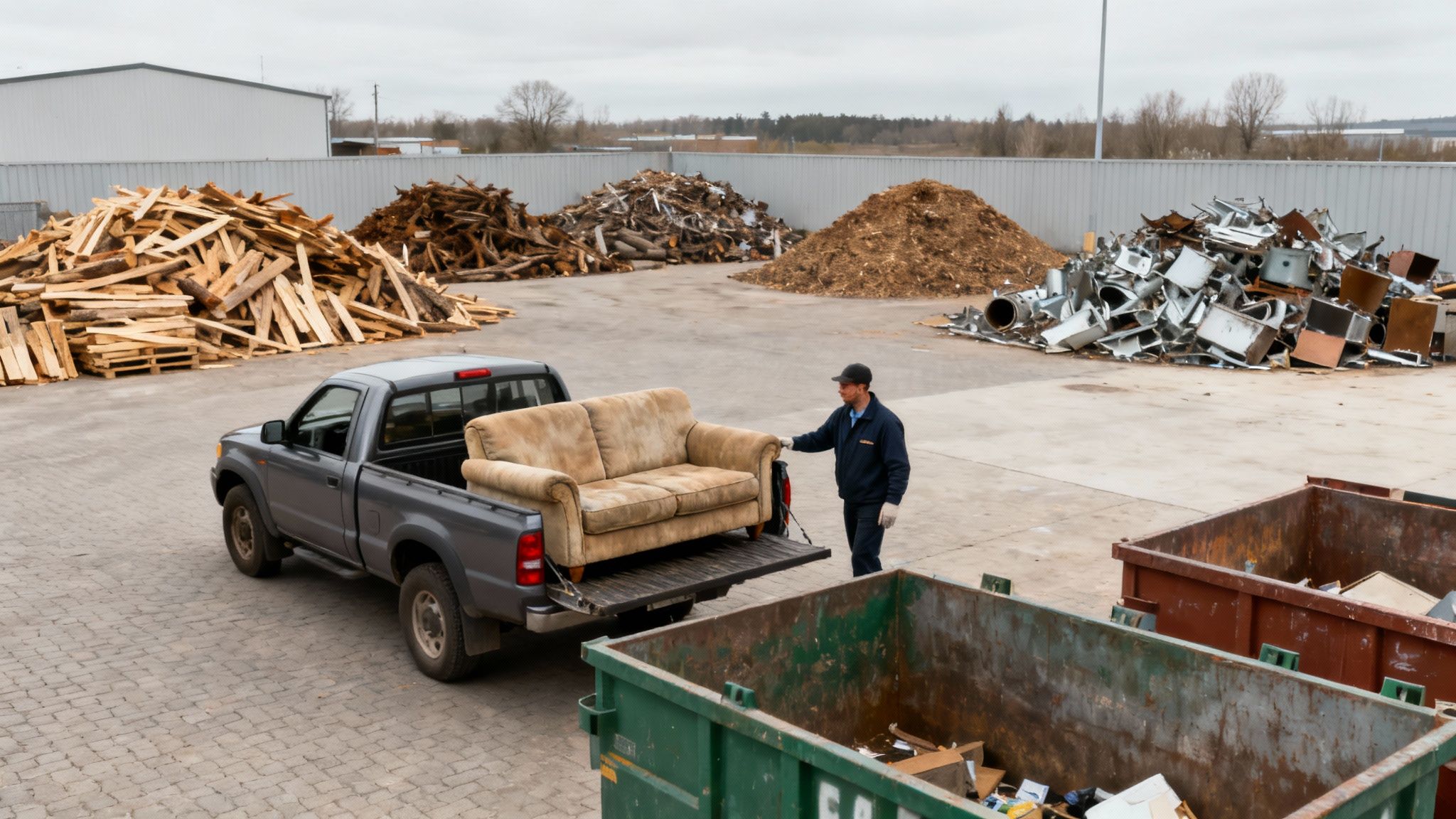 Ein Mann am Entsorgungshof mit Pickup-Truck, der ein altes Sofa ablädt, umgeben von Abfallbergen.