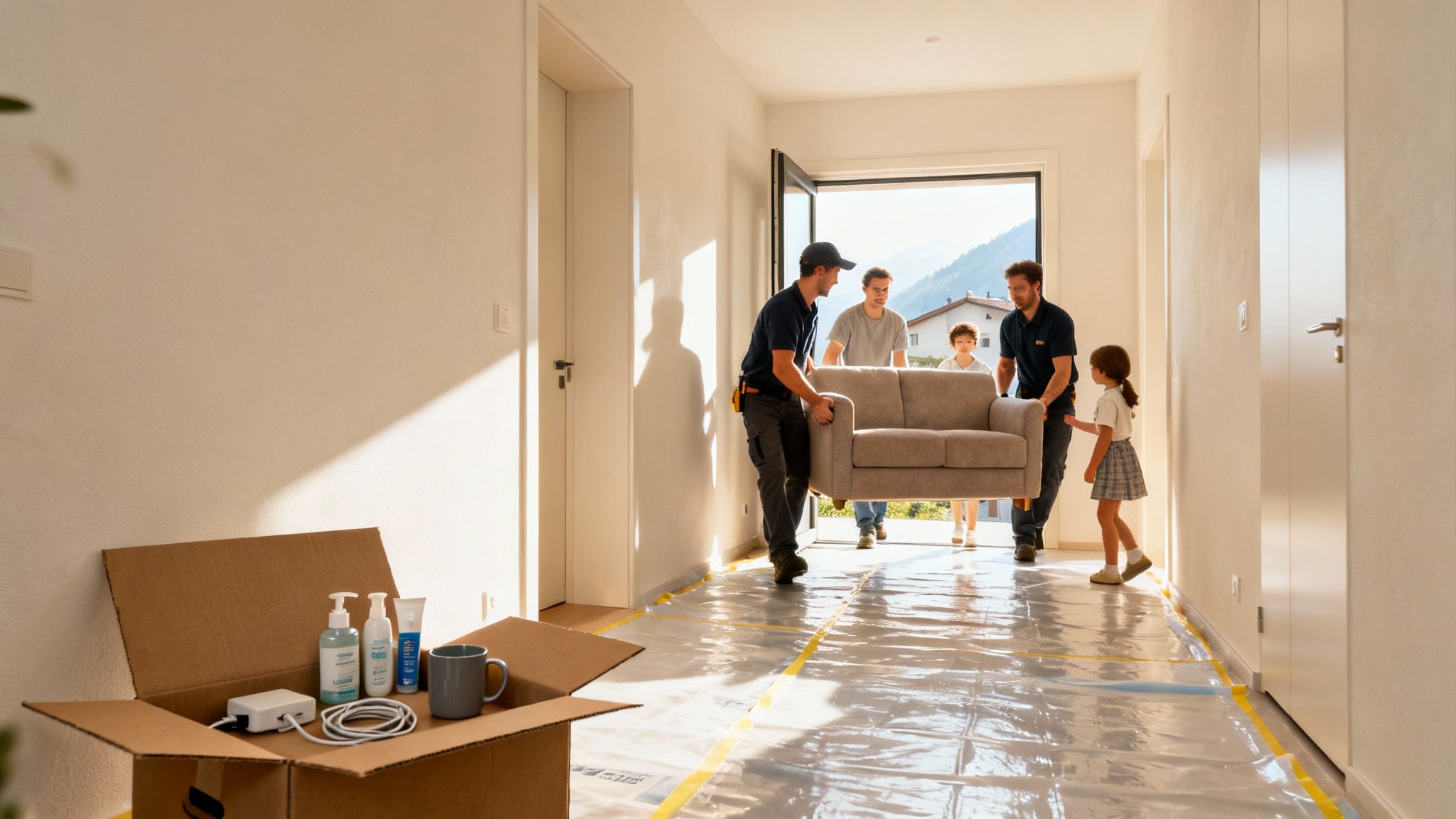 Umzugshelfer tragen ein Sofa in ein neues Haus, während eine Familie zusieht. Der Boden ist zum Schutz abgedeckt.