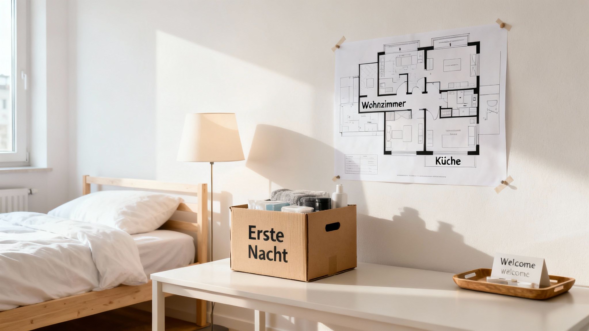 Ein helles Schlafzimmer mit Bett, Nachttischlampe, Umzugskarton für die erste Nacht und Grundriss an der Wand.