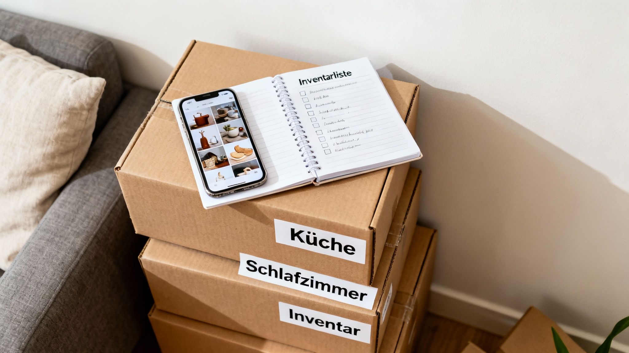 Ein Stapel Umzugskartons mit Inventarliste, Smartphone und Zimmerbeschriftungen für einen organisierten Umzug.