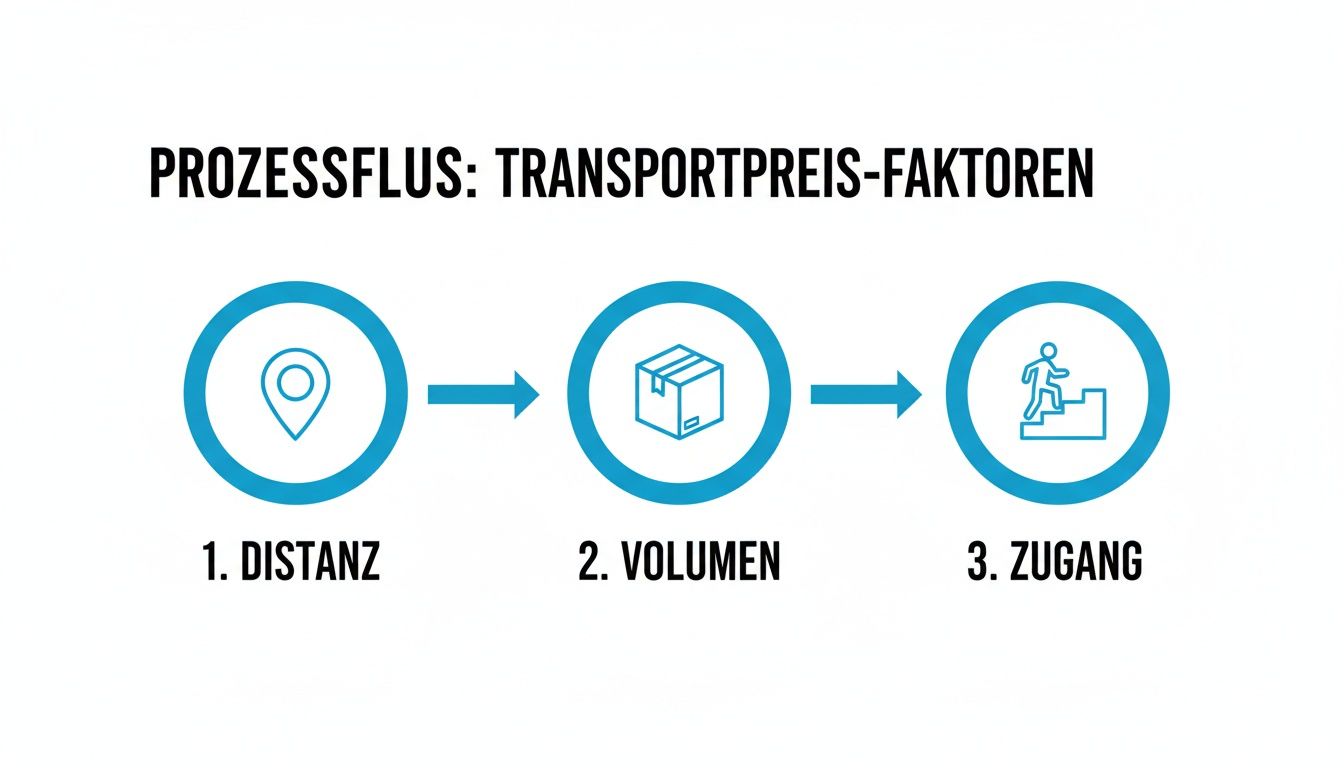 Prozessflussdiagramm der Transportpreisfaktoren: Distanz, Volumen und Zugang, dargestellt mit Icons und Pfeilen.