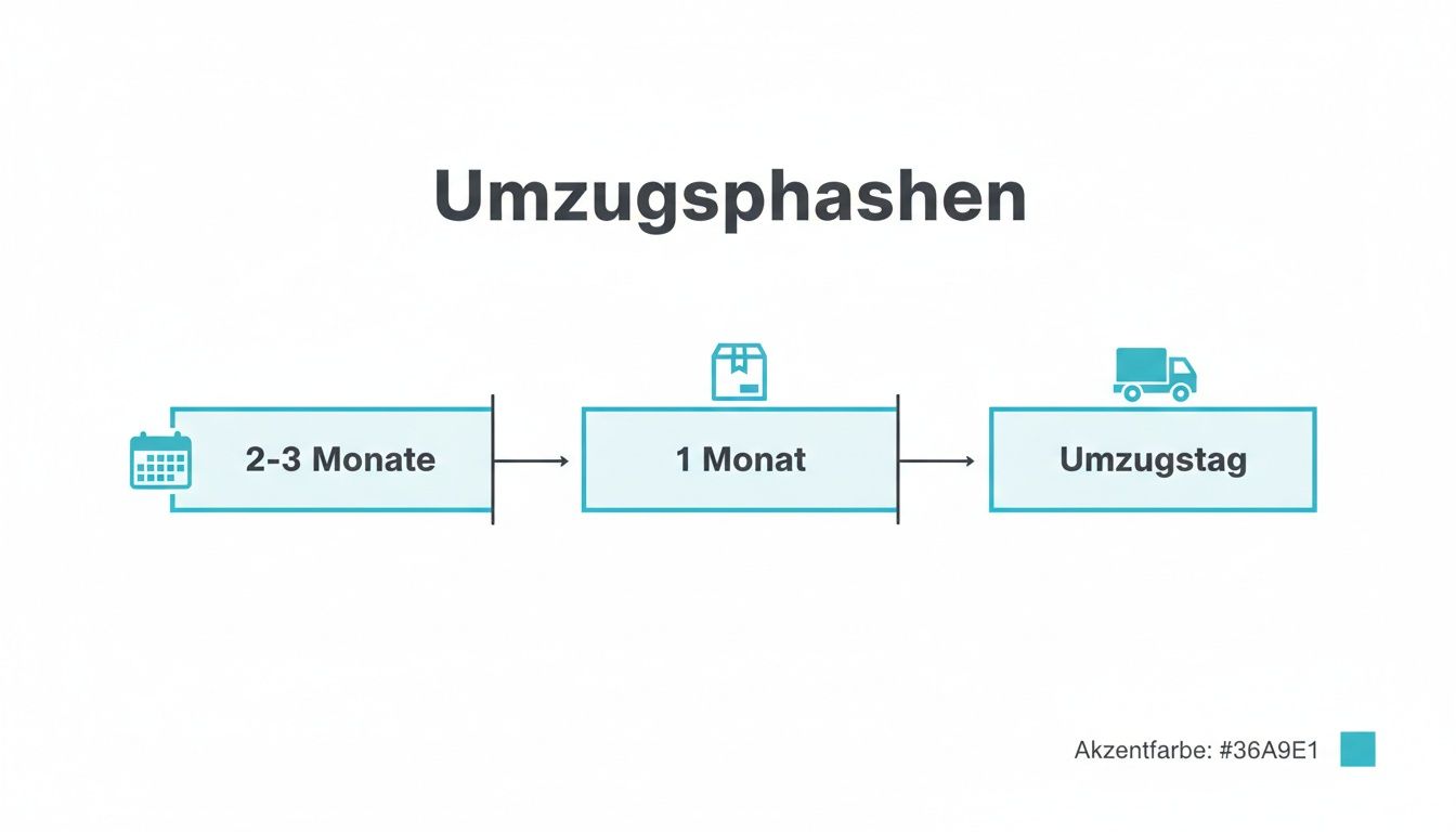 Übersicht der Umzugsphasen: Eine Zeitleiste zeigt die Vorbereitung 2-3 Monate, 1 Monat vor dem Umzug und den Umzugstag.