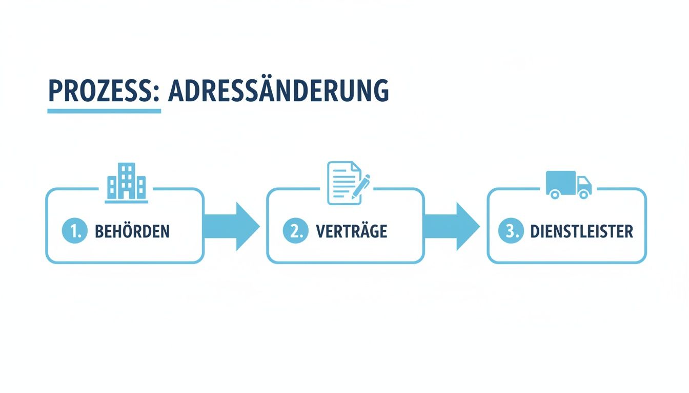 Grafik zum Prozess der Adressänderung bei Umzug, unterteilt in Behörden, Verträge und Dienstleister.