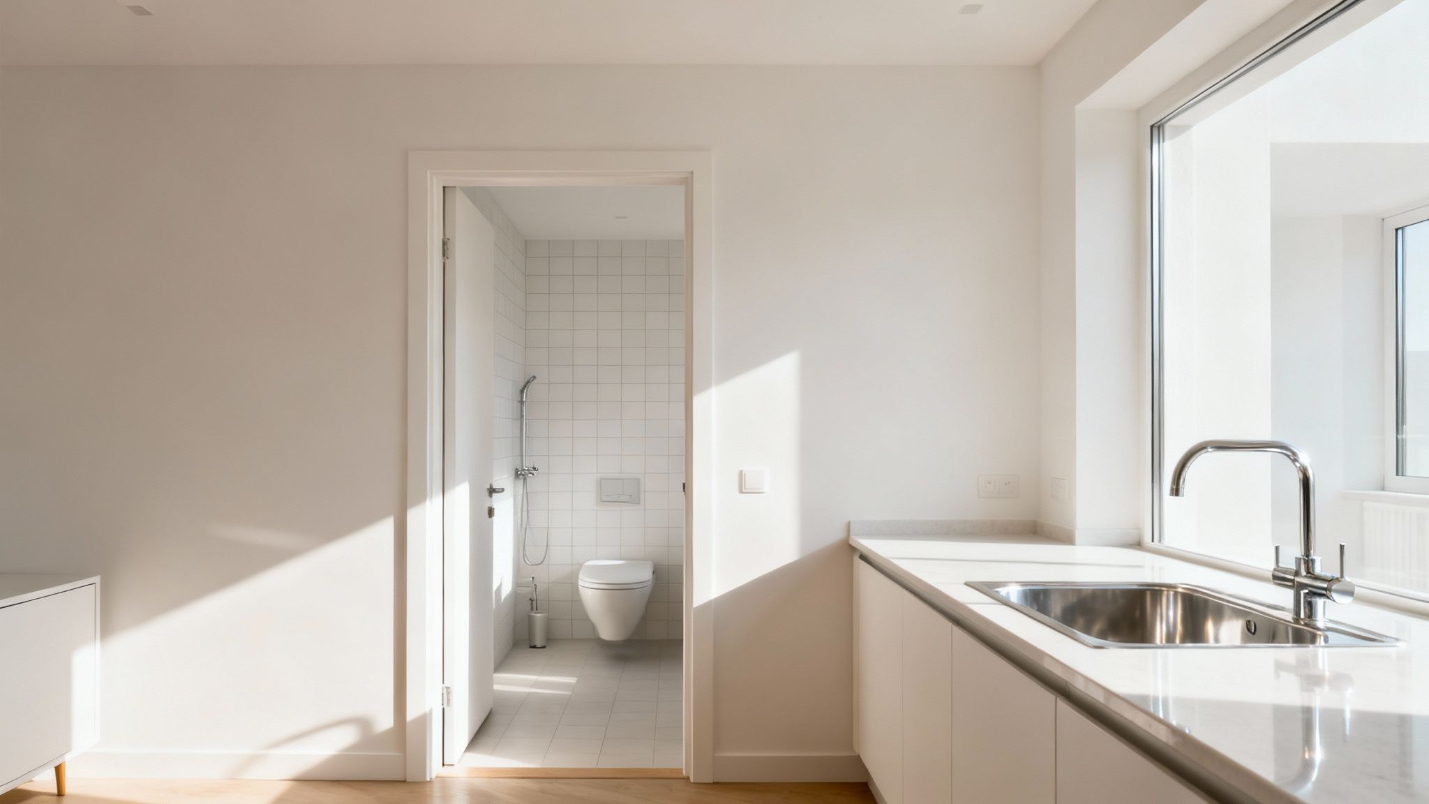 Helle und moderne Wohnung mit offenem Badezimmer, Dusche, WC und Küchenzeile mit Spüle und Fenster.