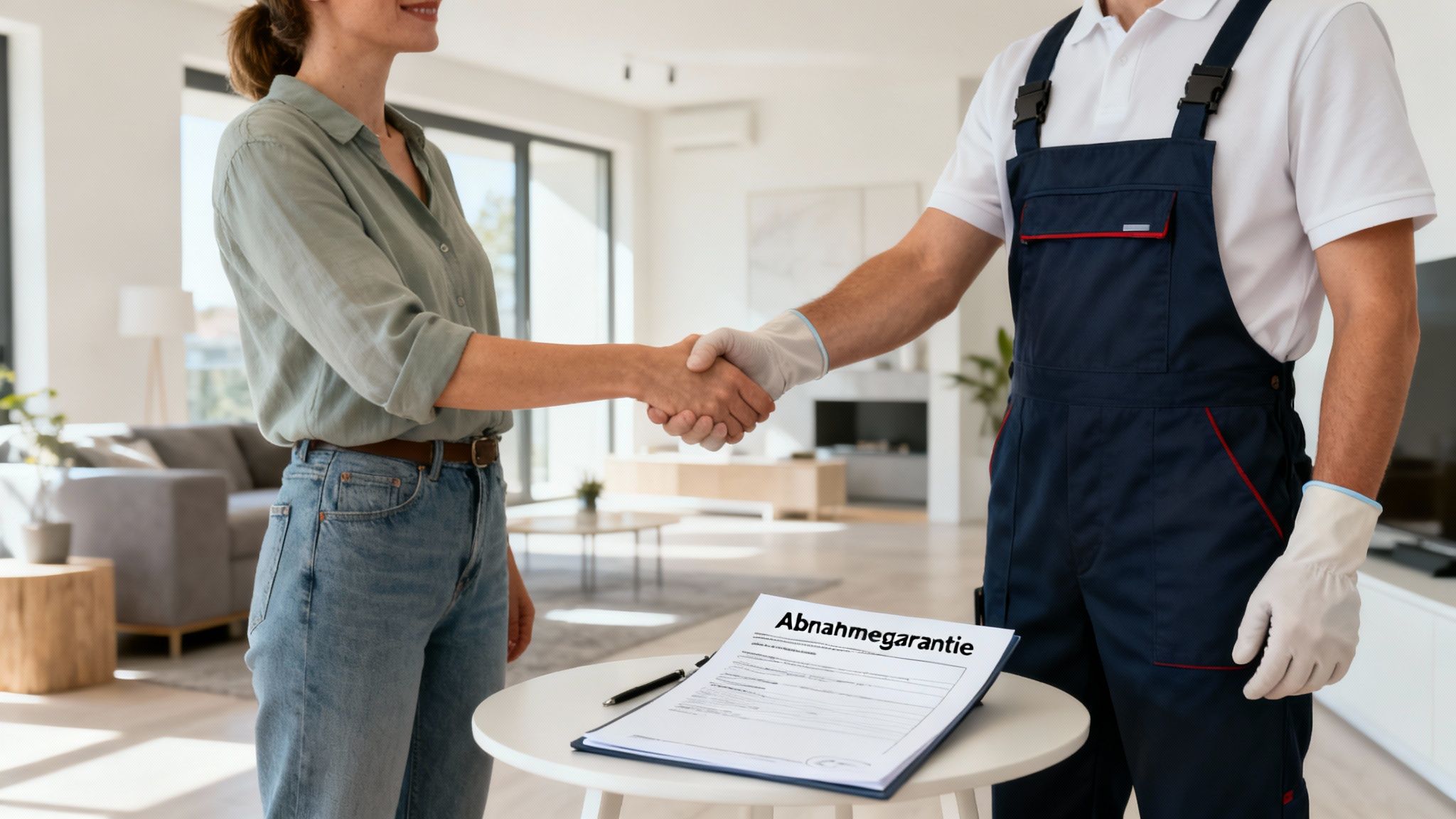 Frau und Handwerker in Overalls schütteln sich die Hände in einem modernen Wohnzimmer. Ein Vertrag zur Abnahmegarantie liegt auf dem Tisch.