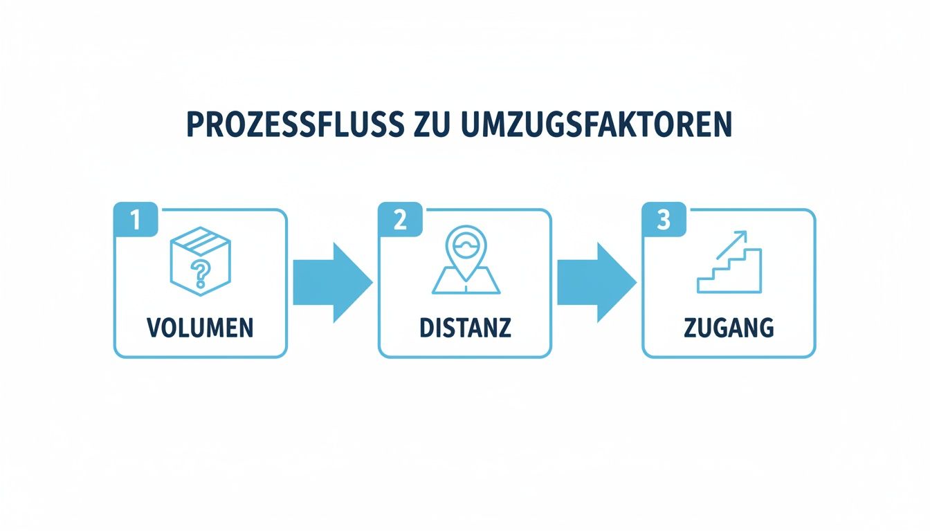 Infografik zeigt den Prozessfluss zur Berechnung von Umzugsfaktoren: Volumen, Distanz und Zugang.