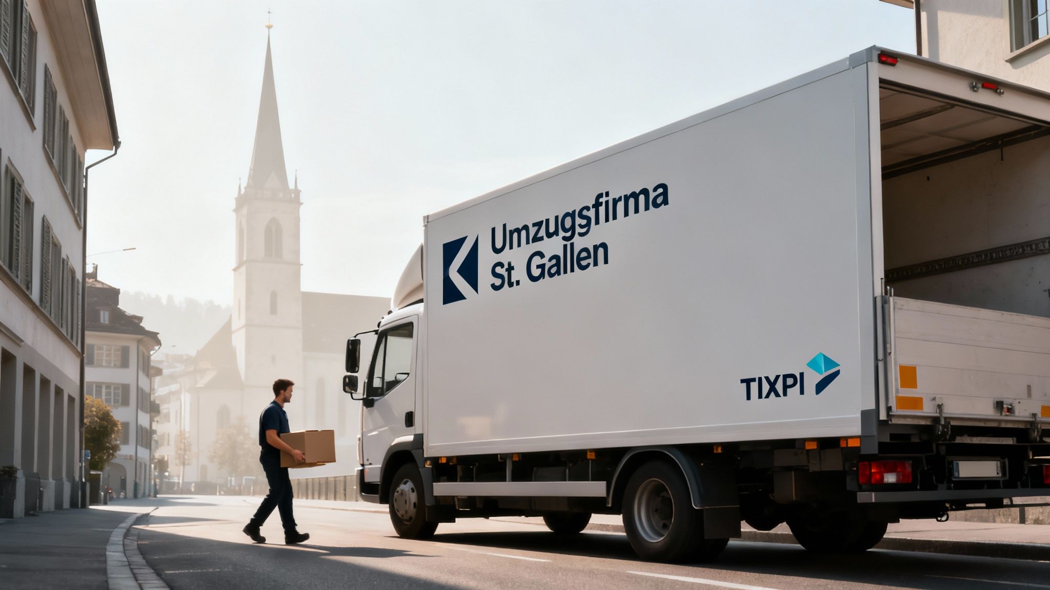 Weißer Umzugsfirma St. Gallen LKW auf der Straße. Ein Mann trägt einen Karton; eine Kirche im Hintergrund.