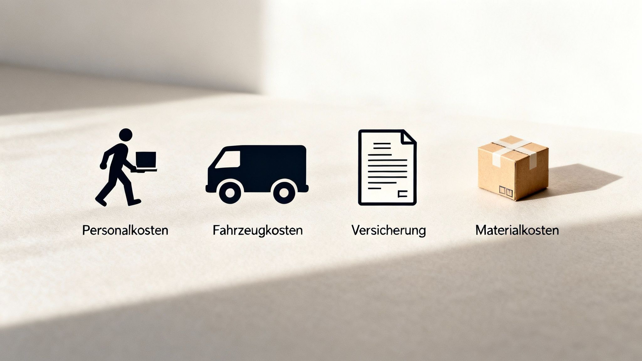 Vier Symbole stellen Kosten dar: Personal, Fahrzeuge, Versicherung und Material für Umzüge oder Lieferdienste.