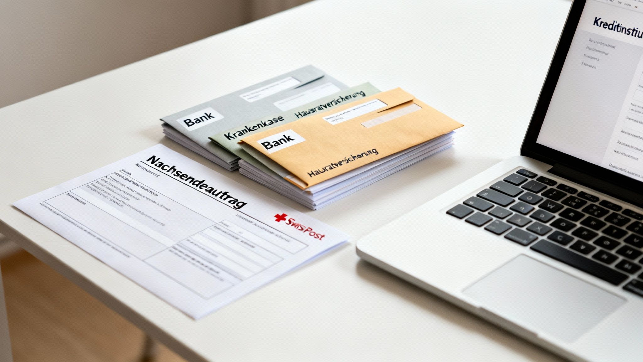 Ein Schreibtisch mit Laptop, einem Nachsendeauftrag und Umschlägen für Bank und Versicherungen.