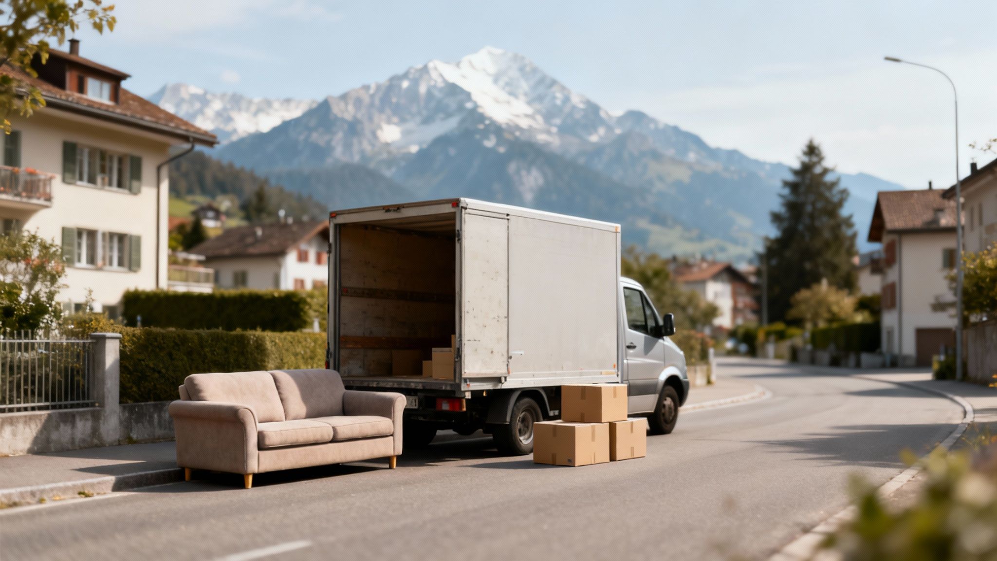 Umzugswagen mit geöffneter Ladefläche, einem Sofa und Kartons auf einer Straße vor Häusern und Bergen.