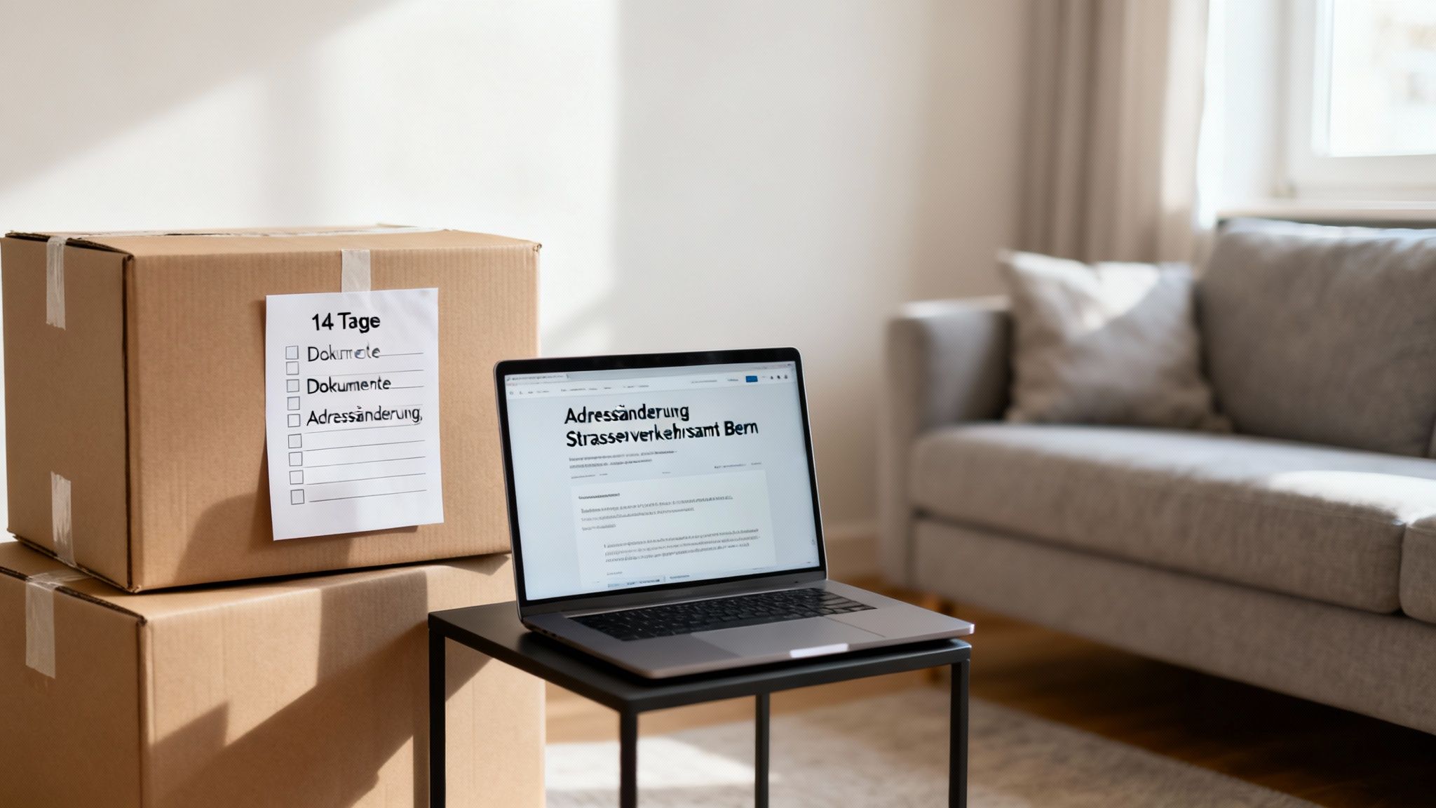 Laptop mit Adressänderung Strassenverkehrsamt Bern und Umzugskartons mit Checkliste im Hintergrund.