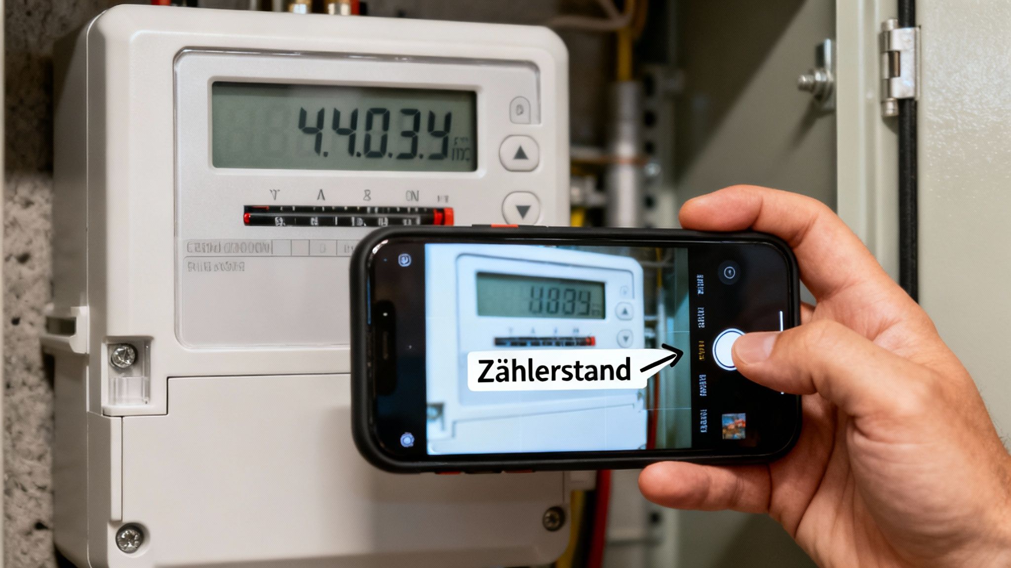 Eine Person fotografiert einen digitalen Zähler mit einem Smartphone, dessen Display den Zählerstand anzeigt.