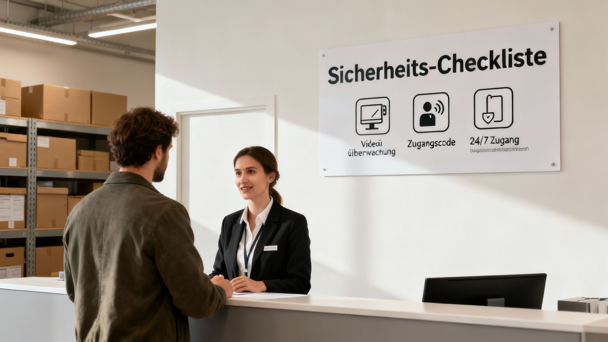 Mann spricht mit Rezeptionistin an einem Schalter in einem Lager mit Sicherheits-Checkliste.