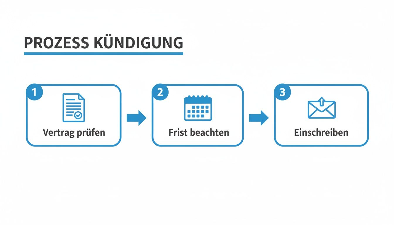 Infografik: Dreistufiger Prozess zur Kündigung, mit Schritten wie Vertrag prüfen, Frist beachten und Einschreiben.